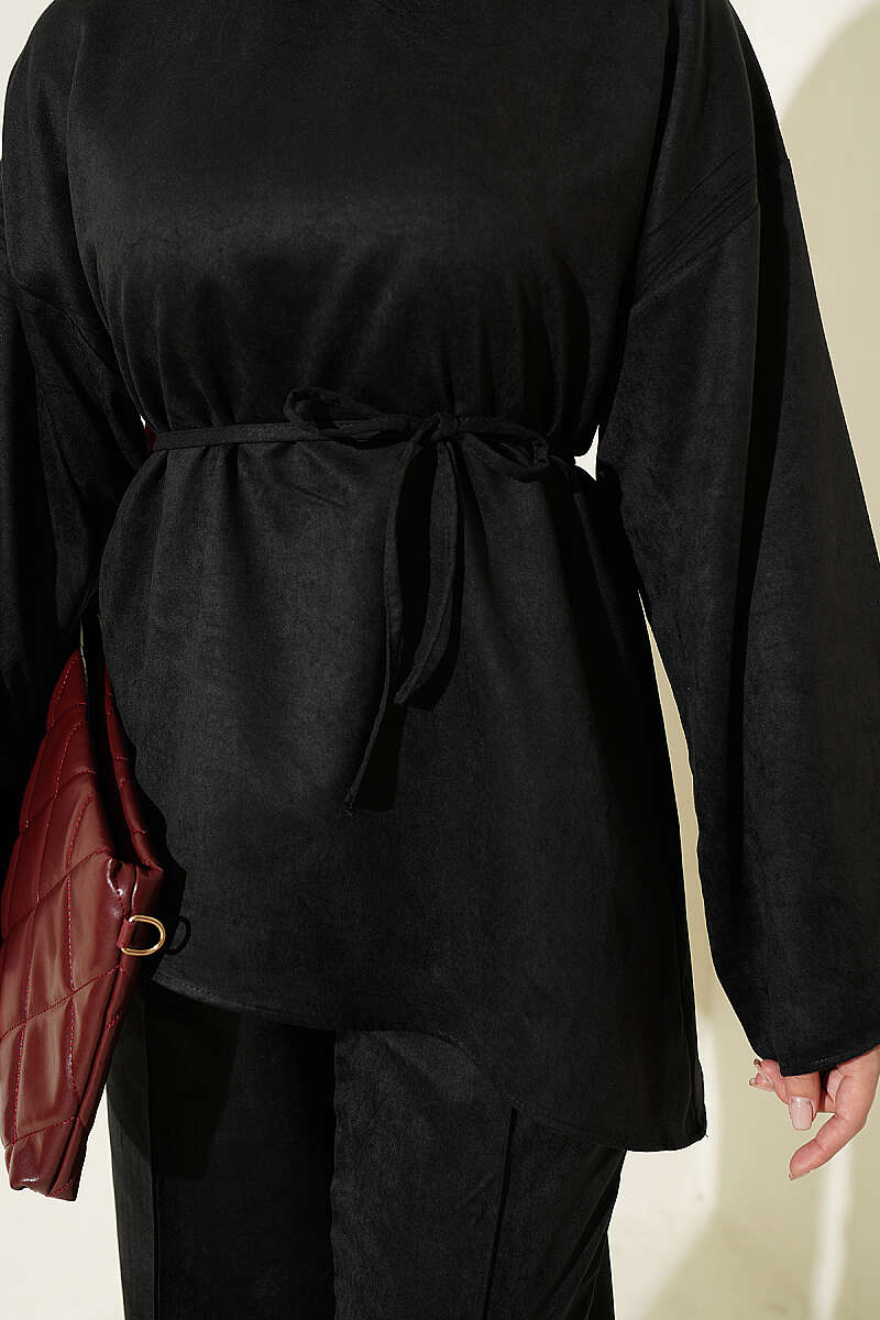 Wide-Sleeve Two-Piece Set with Cord Belt - Black