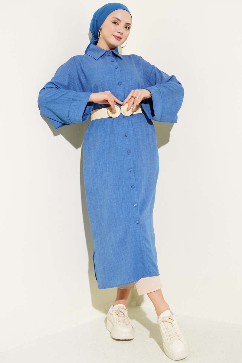 Long Oversized Wide-Sleeve Shirt - Blue
