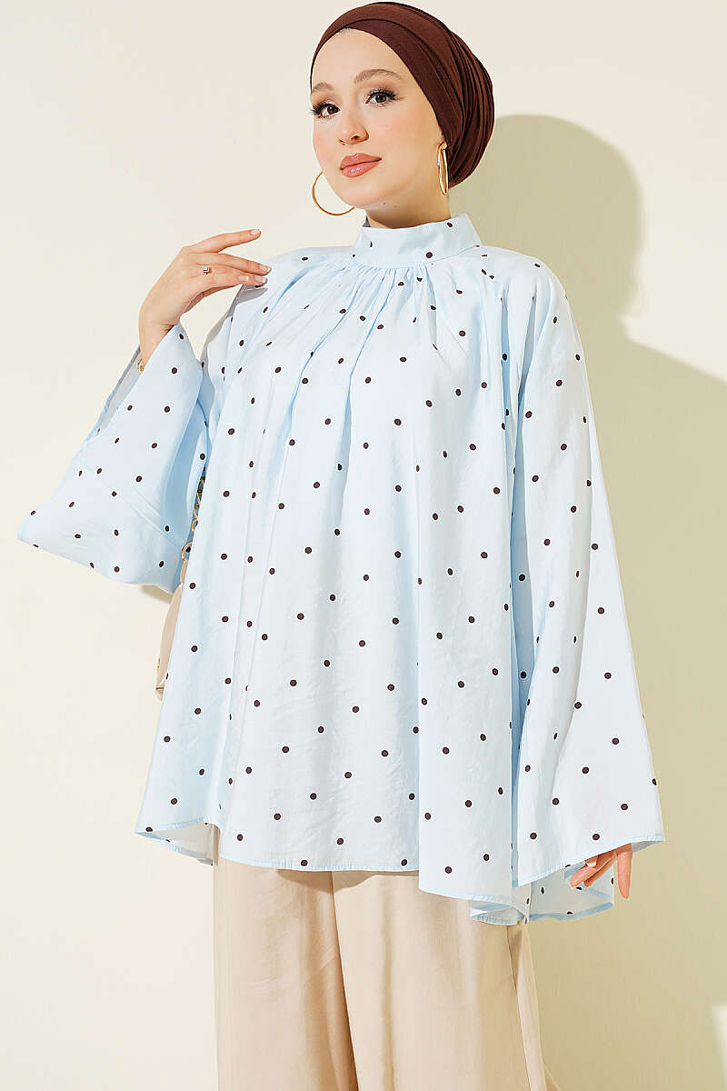 Loose Polka Dot Wide-Sleeve Tunic - Light Blue
