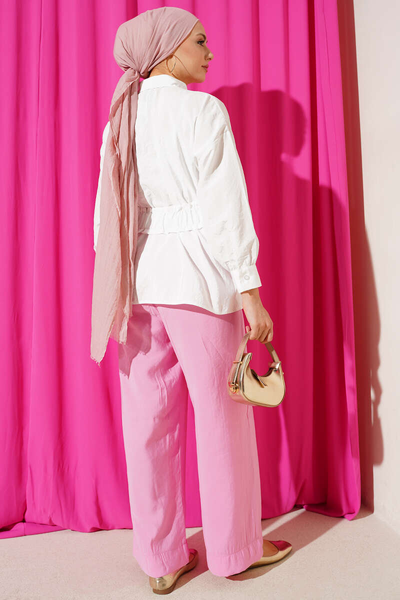 Shirt with Wide Elastic Belt - White