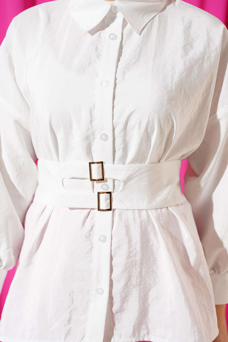 Shirt with Wide Elastic Belt - White