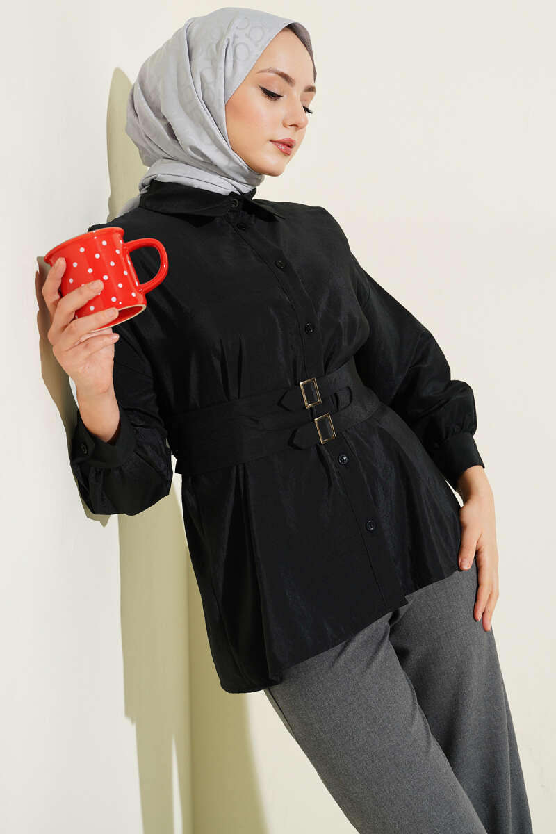 Shirt with Wide Elastic Belt - Black