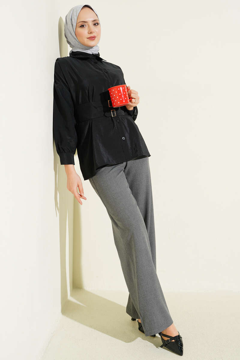 Shirt with Wide Elastic Belt - Black