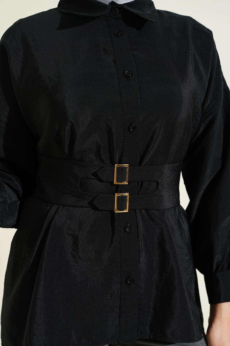 Shirt with Wide Elastic Belt - Black