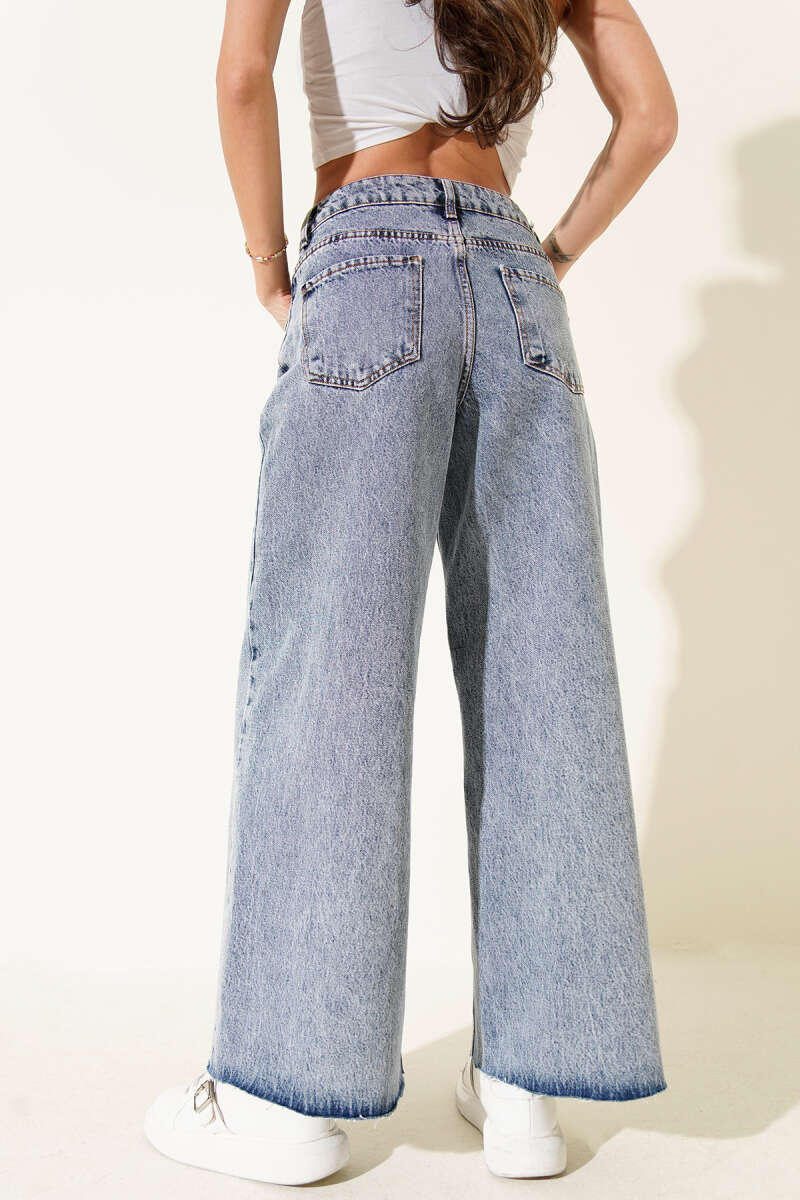 Wide Laser-Cut Hem Jeans - Denim Blue