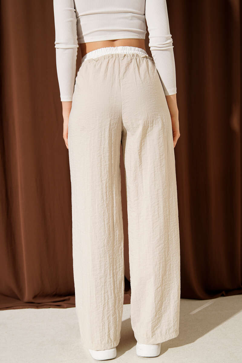 Wide-Leg Pants with Waist Trim - Beige