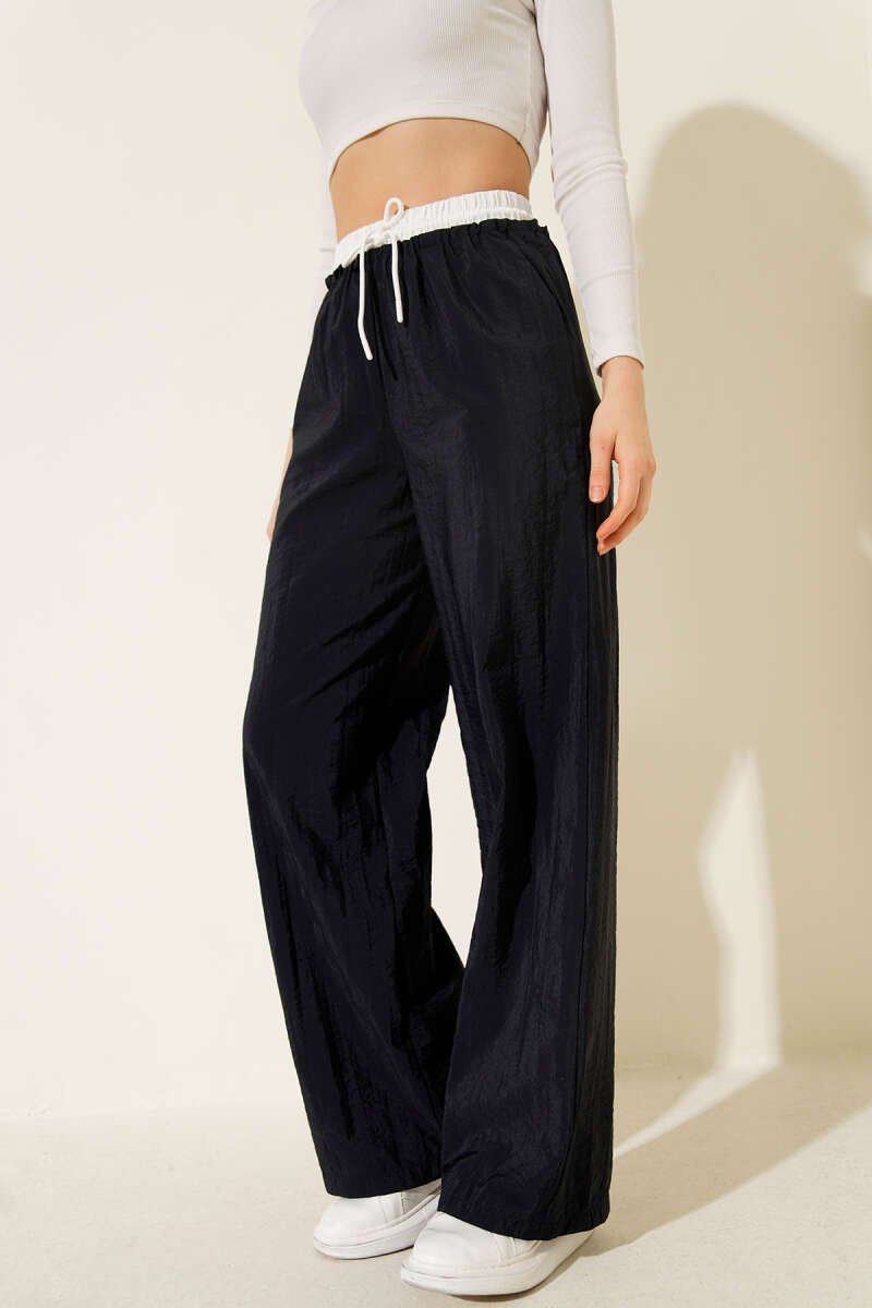 Wide-Leg Pants with Waist Trim - Navy