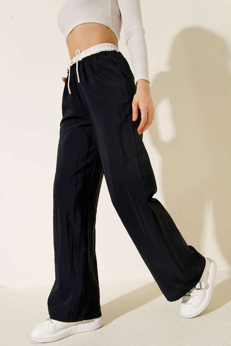 Wide-Leg Pants with Waist Trim - Navy