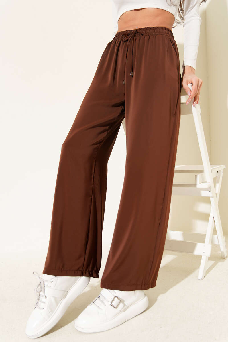Wide-Leg Tencel Pants with Elastic Waist - Brown