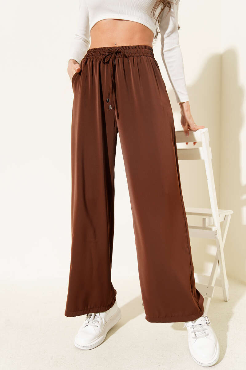 Wide-Leg Tencel Pants with Elastic Waist - Brown