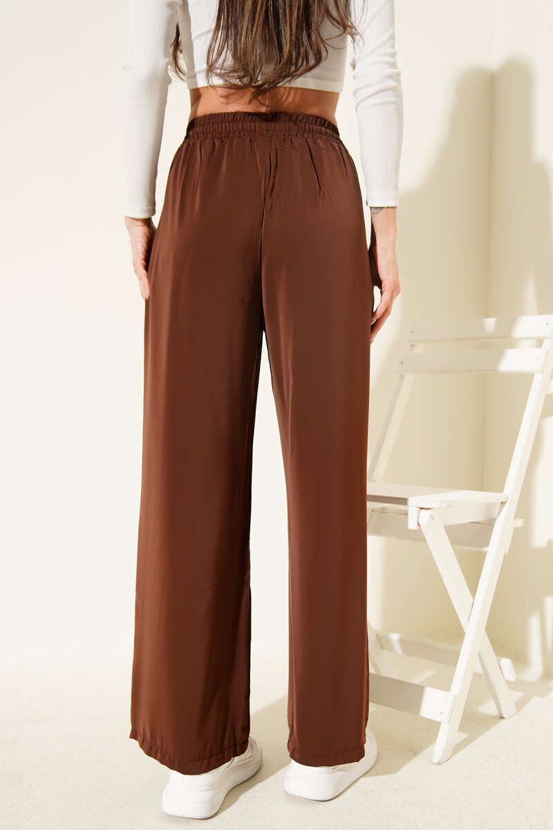 Wide-Leg Tencel Pants with Elastic Waist - Brown