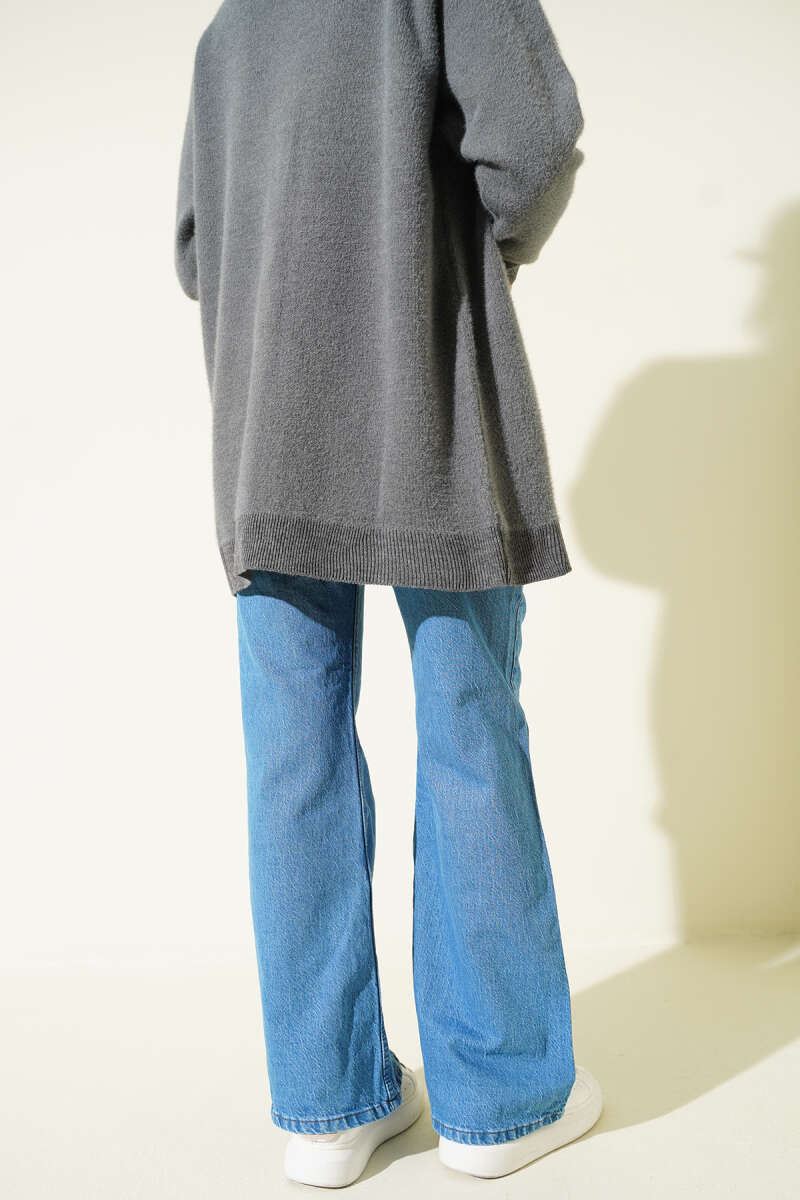 Wide-Leg Button Jeans with Soft Wash - Light Blue