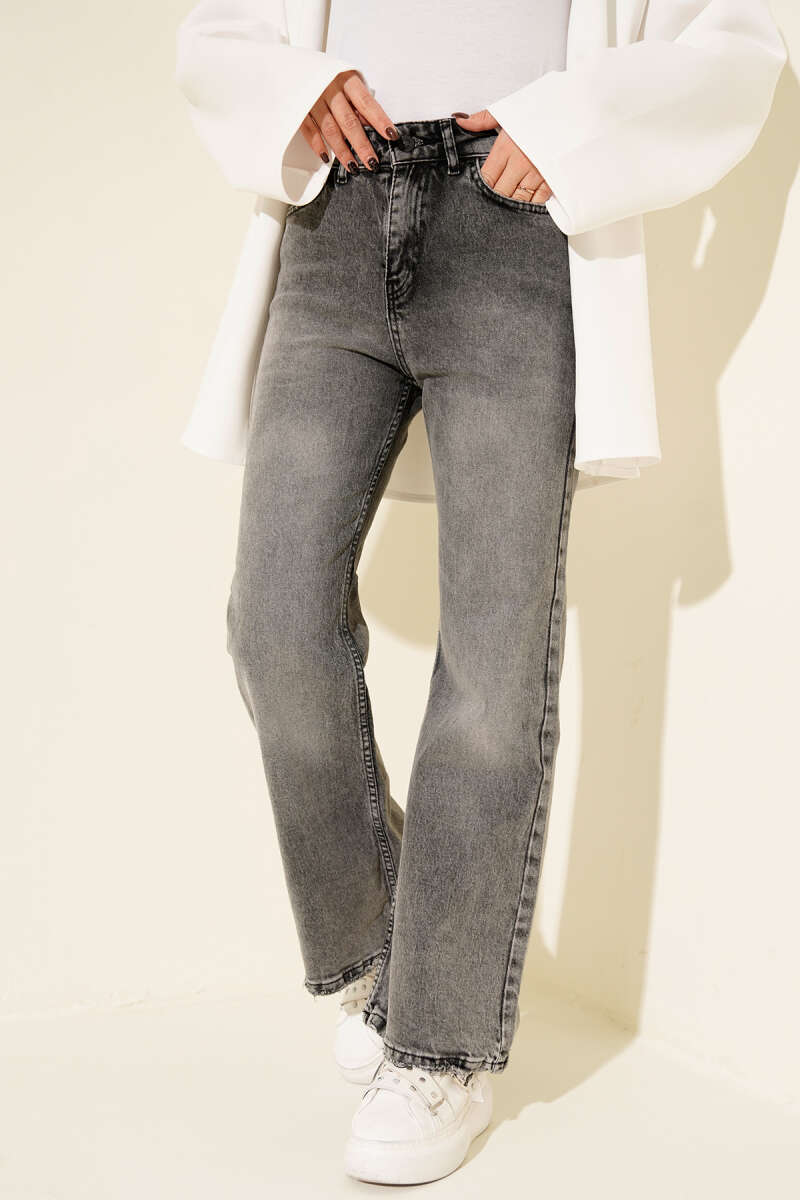 Wide-Leg Button Jeans with Soft Wash - Grey