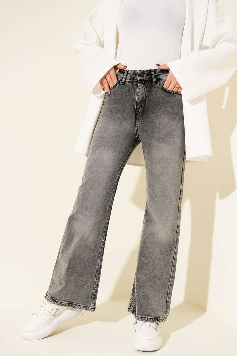 Wide-Leg Button Jeans with Soft Wash - Grey