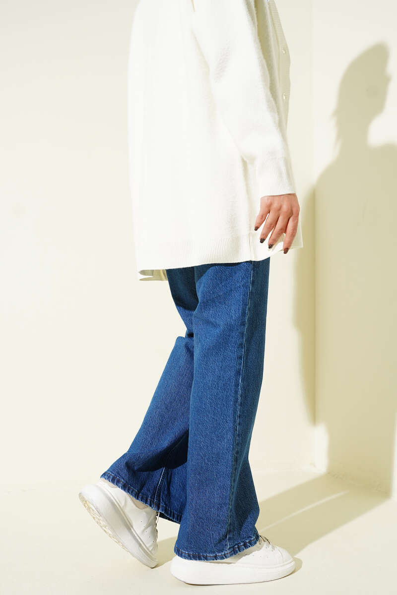 Wide-Leg Button Jeans with Soft Wash - Blue