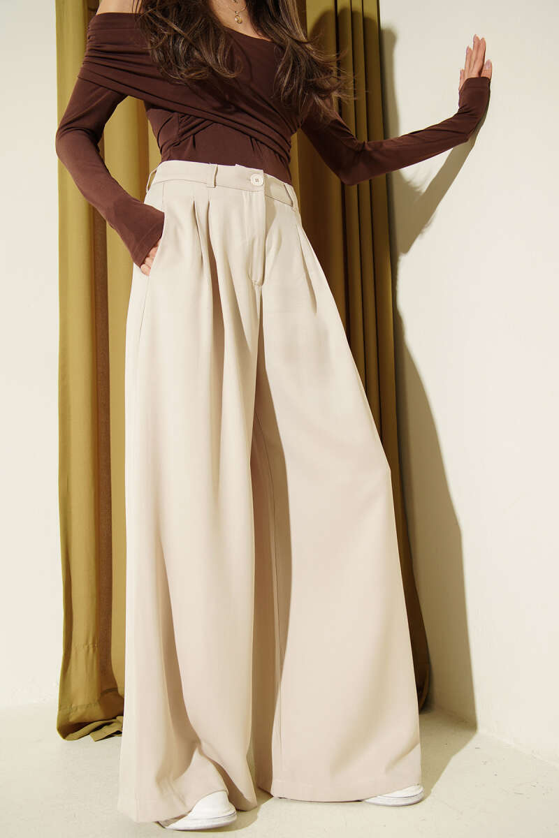 Loose Wide-Leg Pleated Pants - Beige