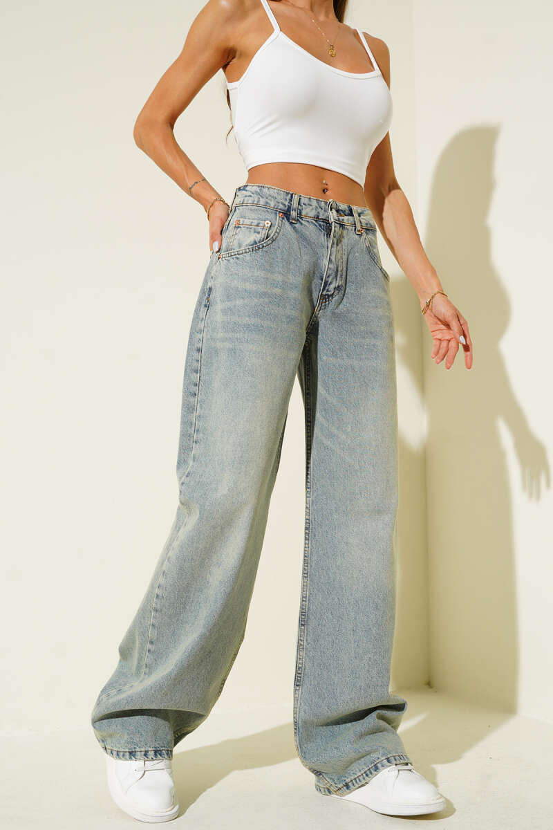 Loose Wide-Leg Denim Palazzo Pants - Green Tint