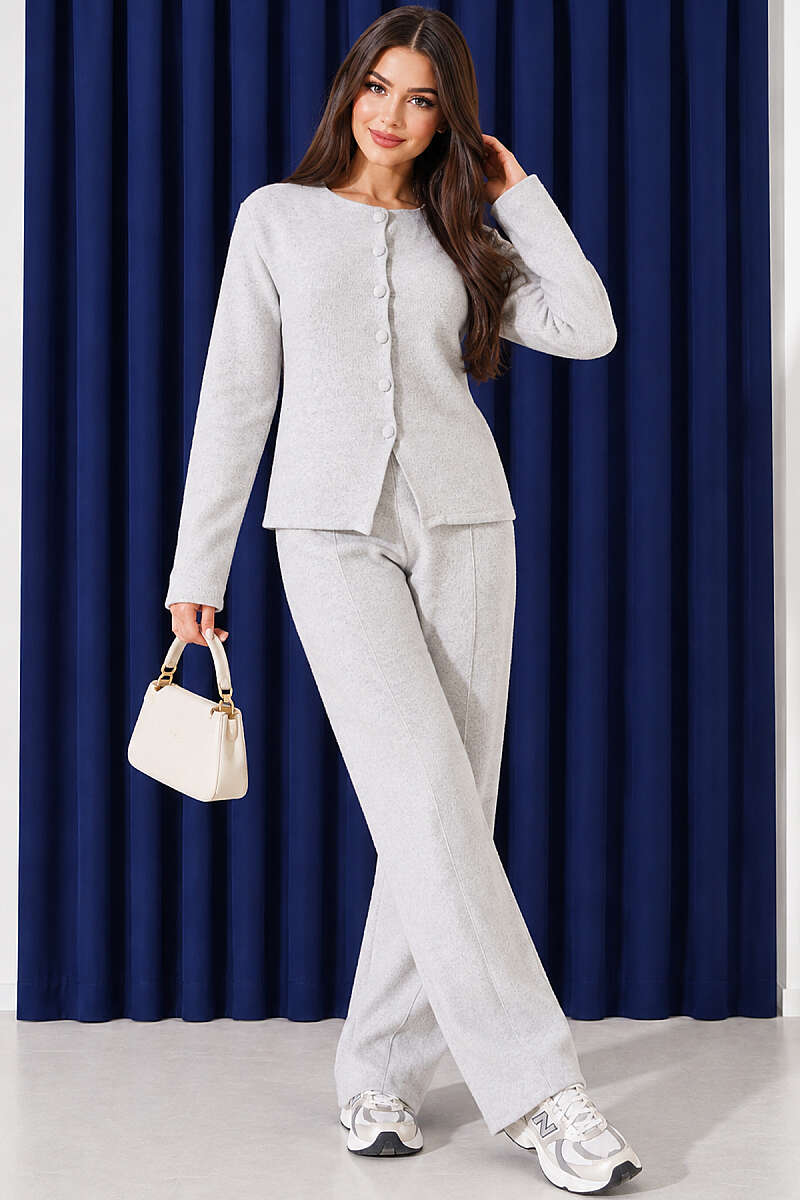 Basic Two-Piece Set with Blouse and Wide-Leg Pants - Grey