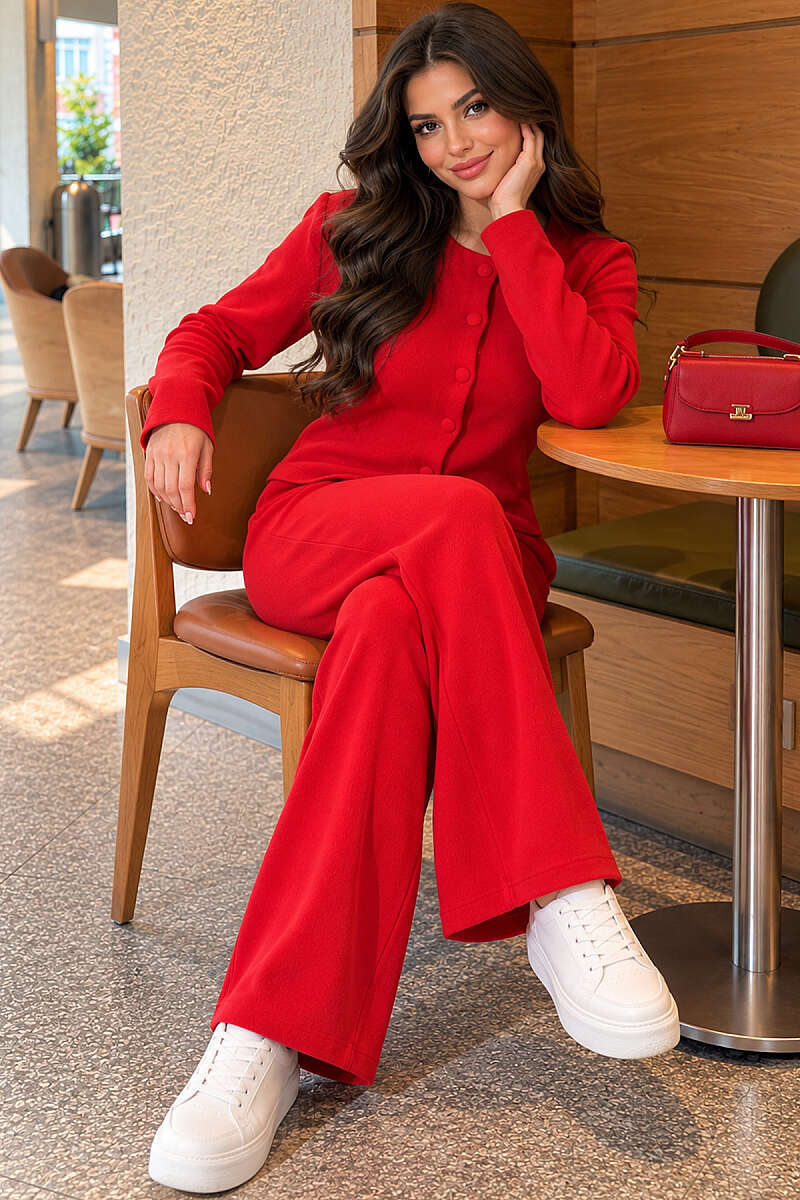 Basic Two-Piece Set with Blouse and Wide-Leg Pants - Red