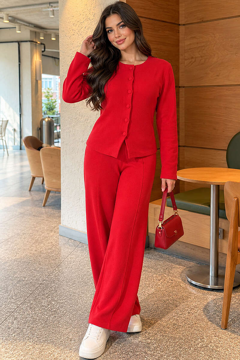 Basic Two-Piece Set with Blouse and Wide-Leg Pants - Red