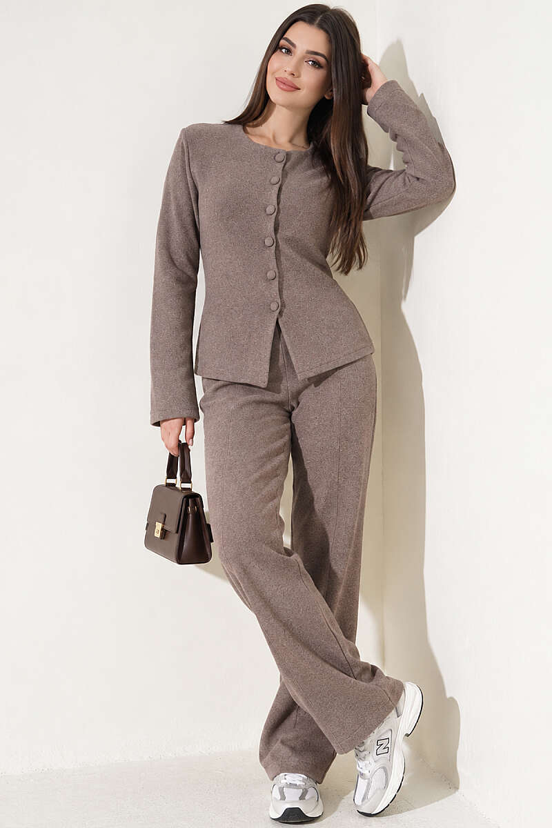 Basic Two-Piece Set with Blouse and Wide-Leg Pants - Mink