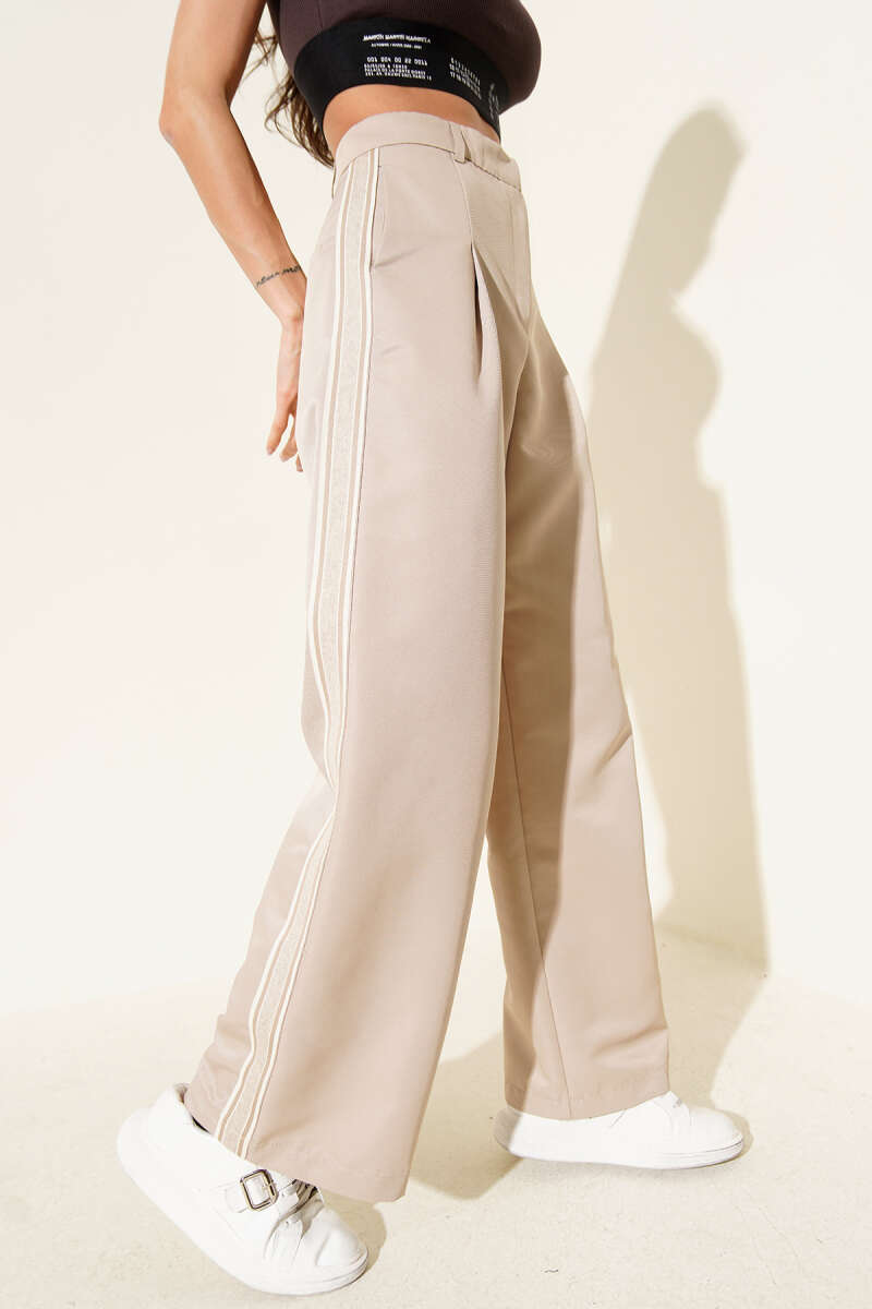 Wide-Leg Pants with Side Stripe - Beige