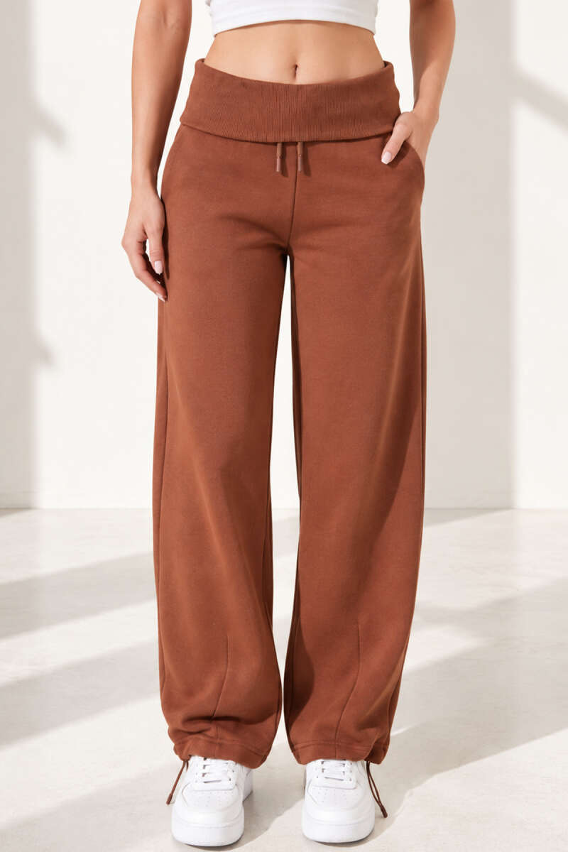 Wide Ribbed Fleece-Back Trousers - Tan