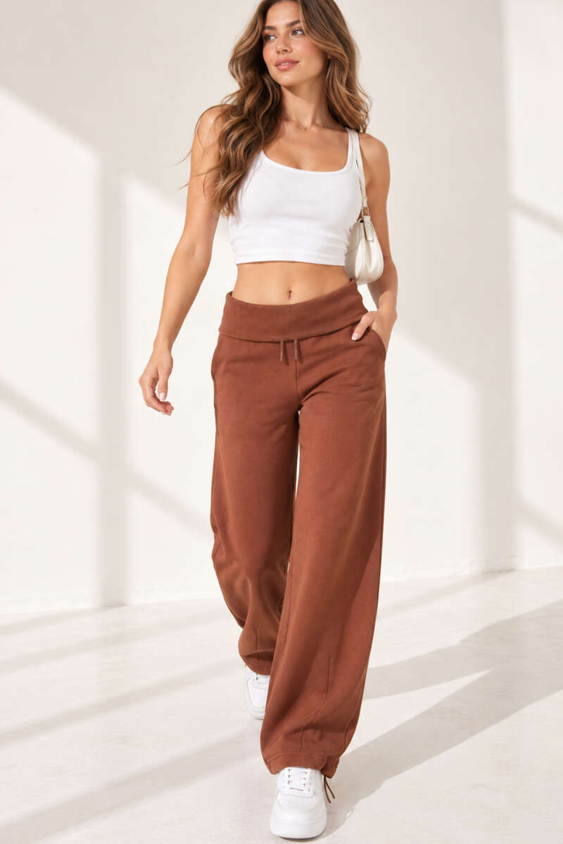 Wide Ribbed Fleece-Back Trousers - Tan