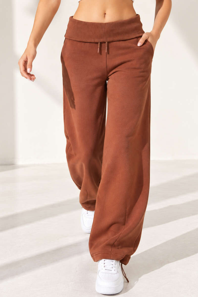 Wide Ribbed Fleece-Back Trousers - Tan