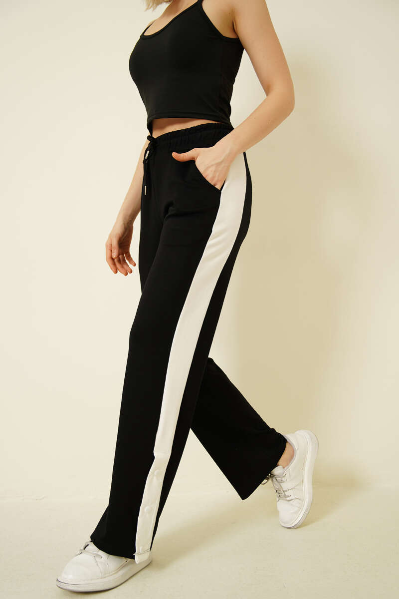 Snap-Button Loycha Pants with Wide Stripe - Black