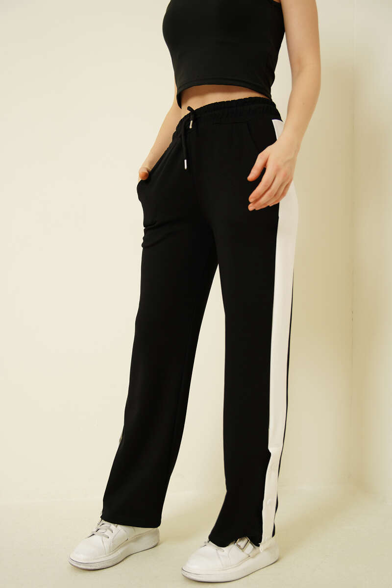 Snap-Button Loycha Pants with Wide Stripe - Black