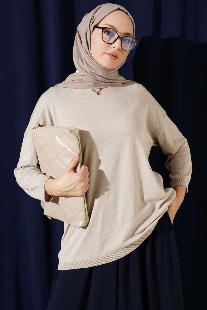 Wide-Neck Knit Tunic - Beige