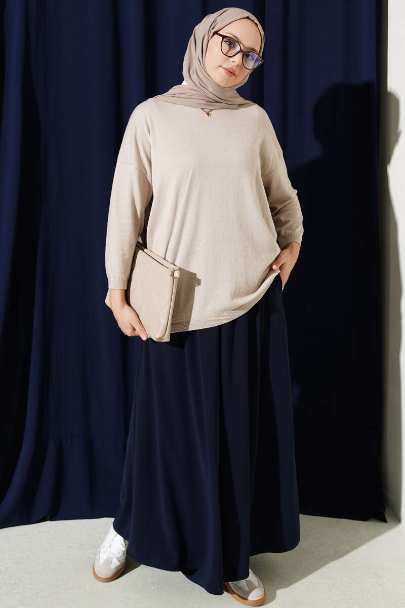 Wide-Neck Knit Tunic - Beige