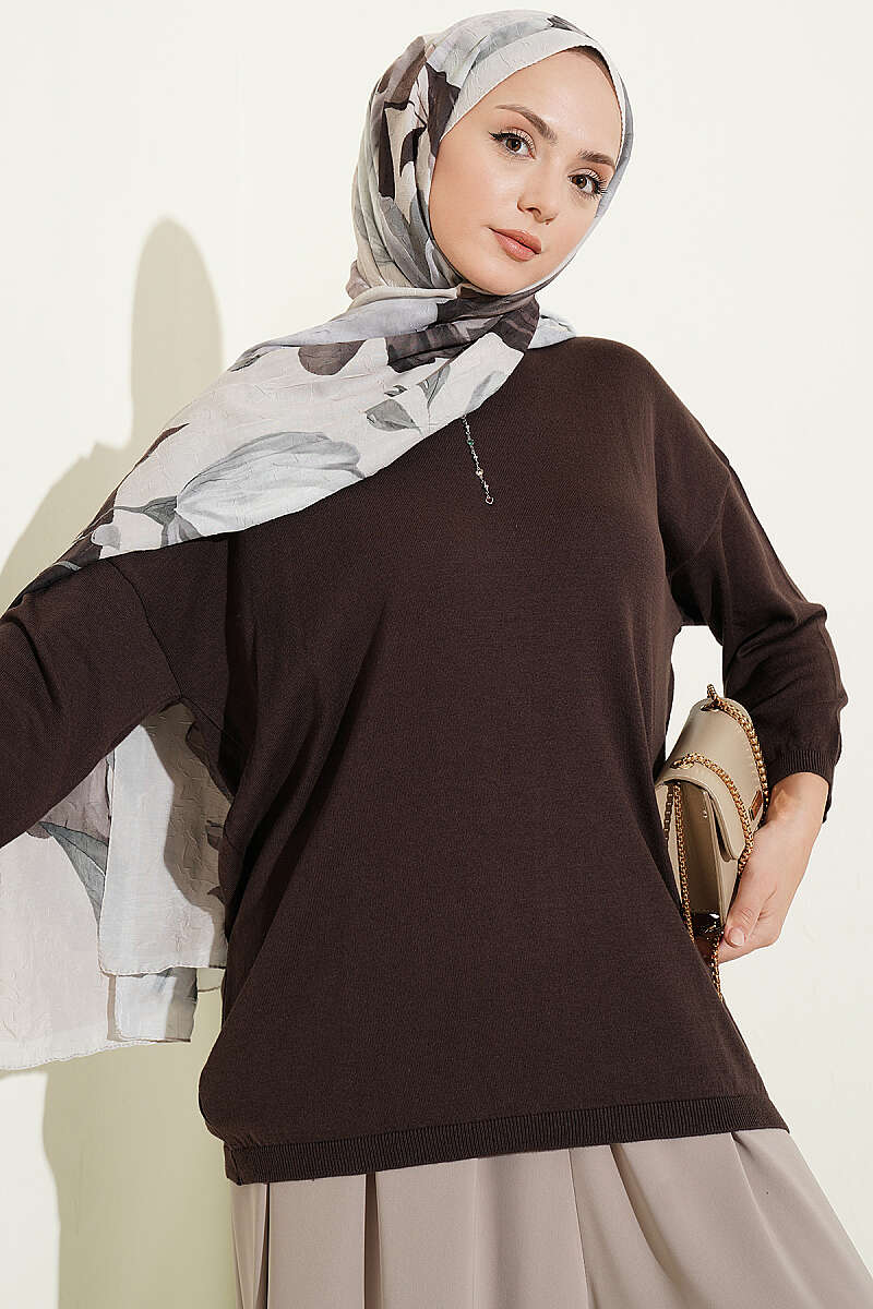 Wide-Neck Knit Tunic - Brown