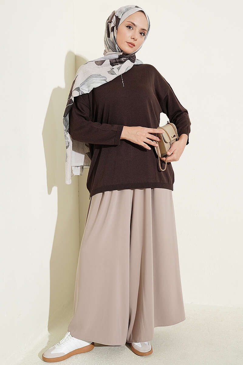 Wide-Neck Knit Tunic - Brown