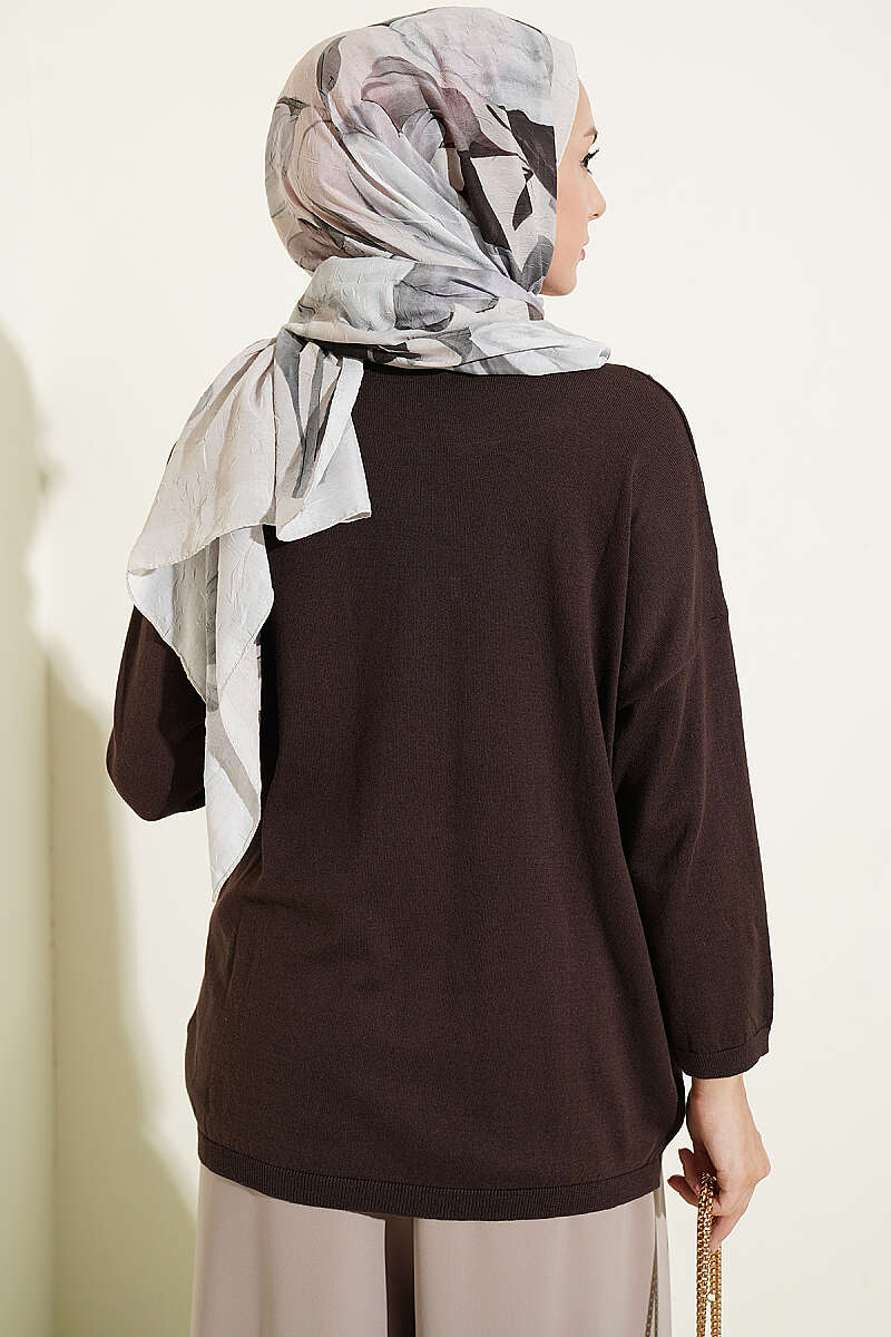 Wide-Neck Knit Tunic - Brown