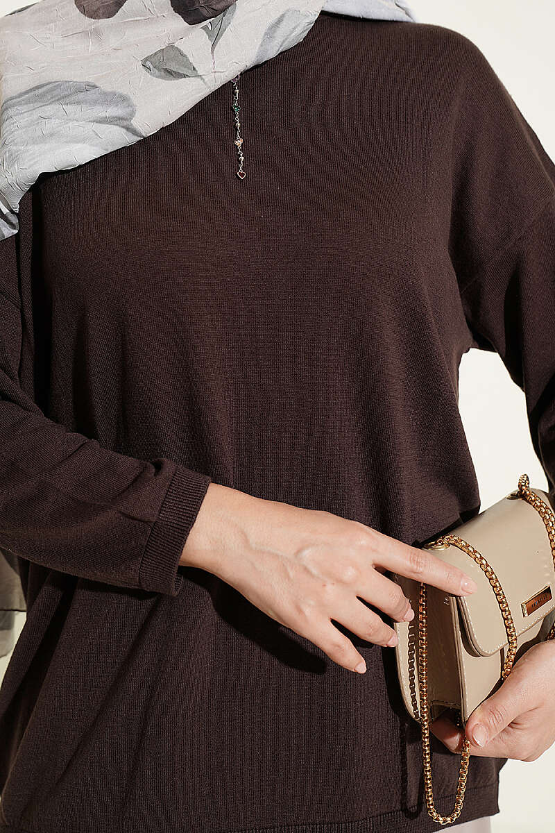 Wide-Neck Knit Tunic - Brown