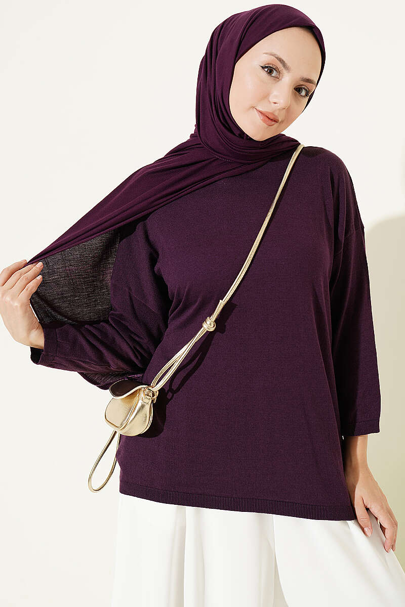 Wide-Neck Knit Tunic - Purple