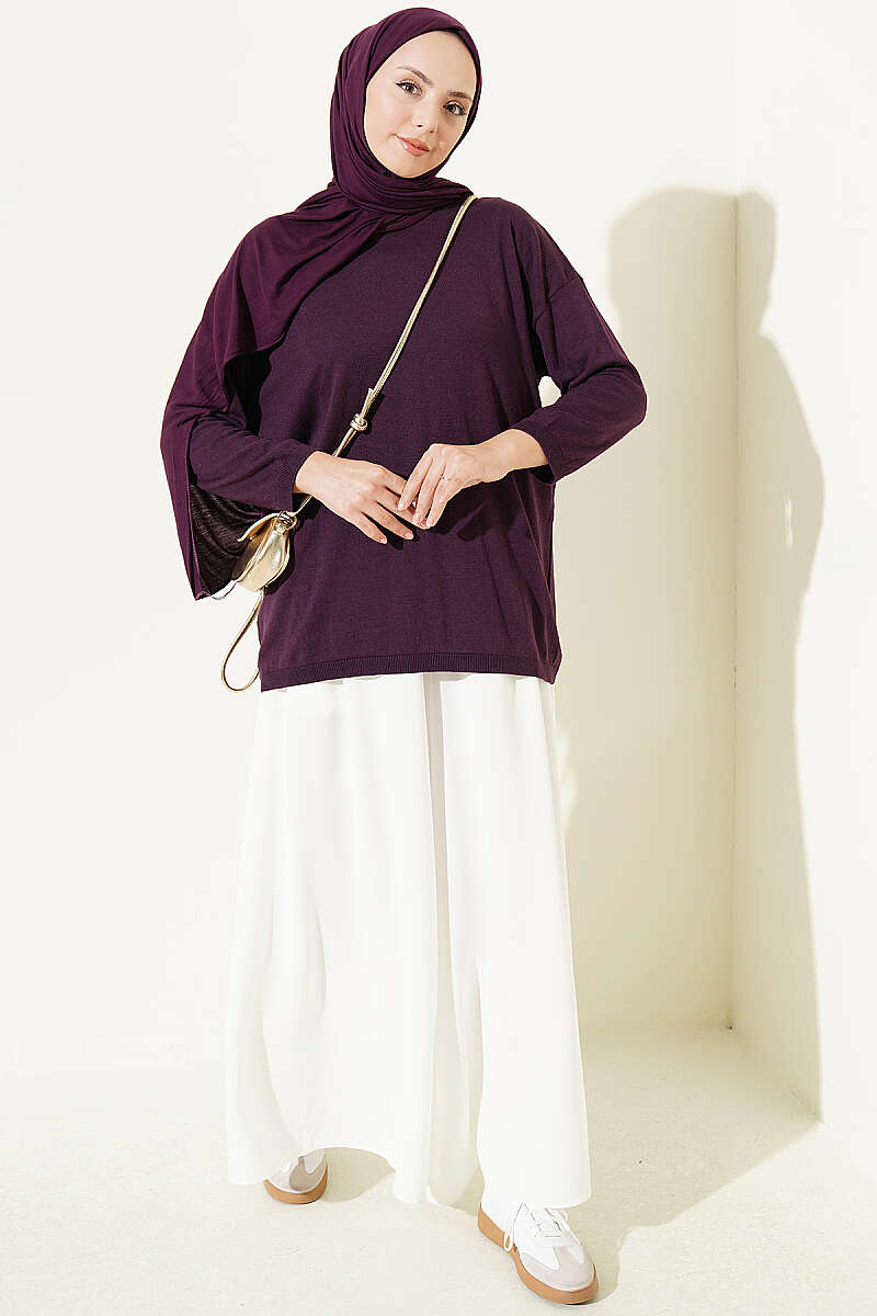 Wide-Neck Knit Tunic - Purple