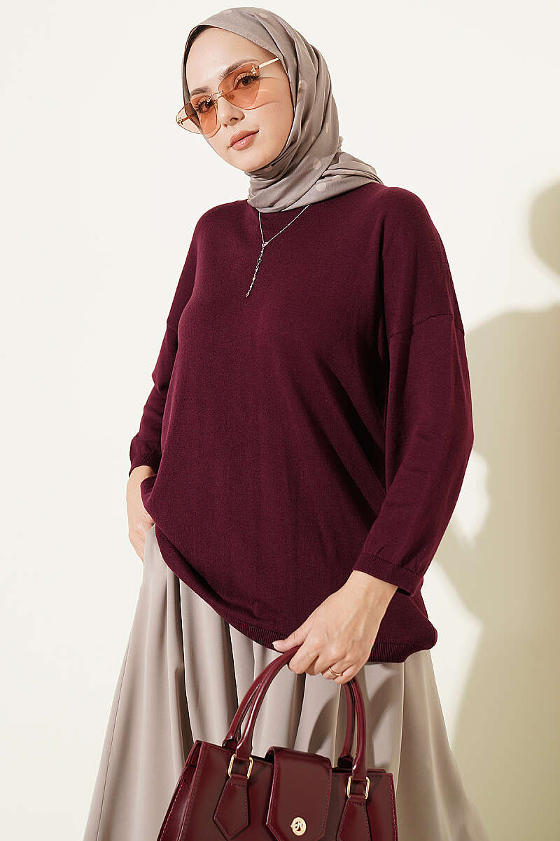 Wide-Neck Knit Tunic - Plum