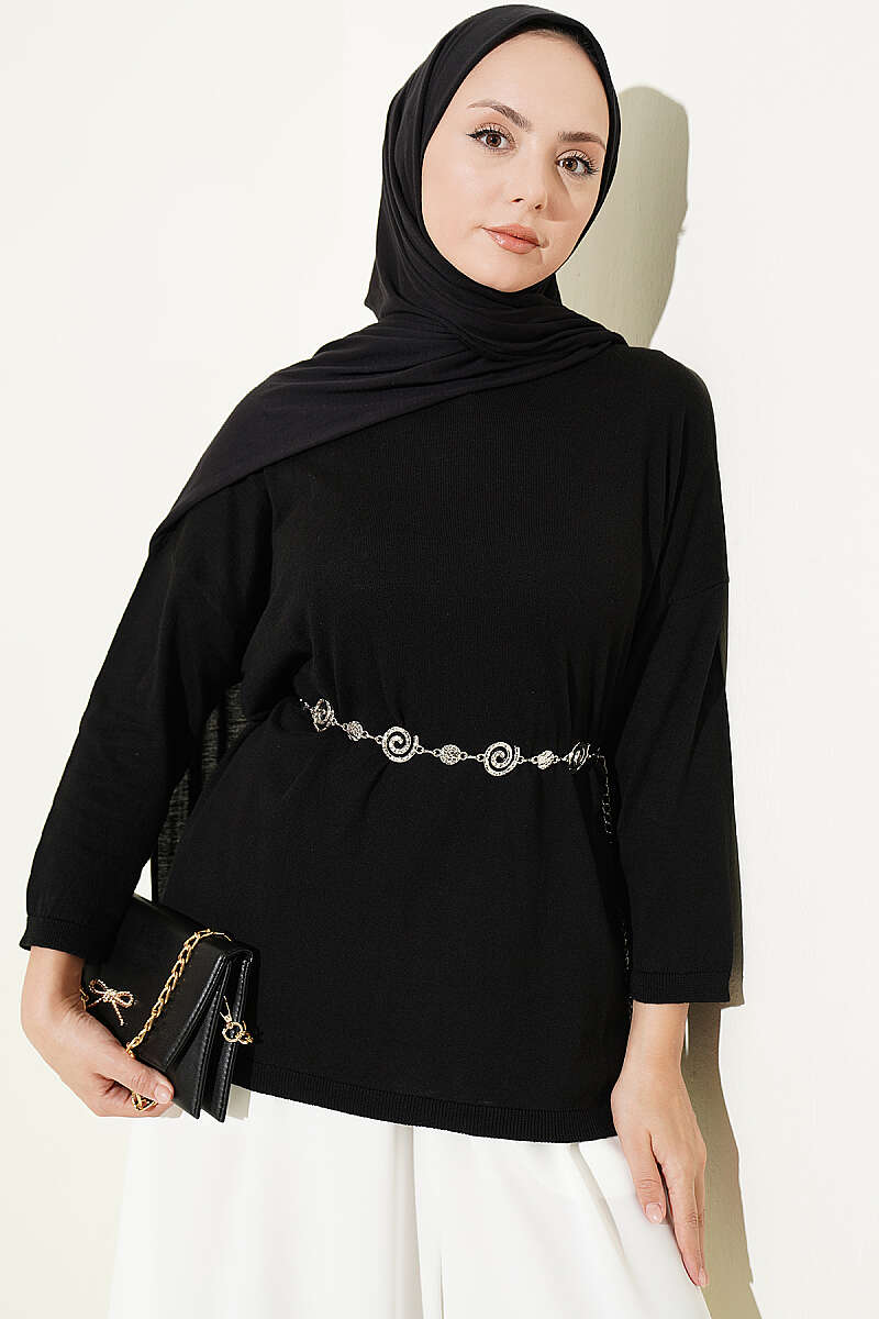 Wide-Neck Knit Tunic - Black