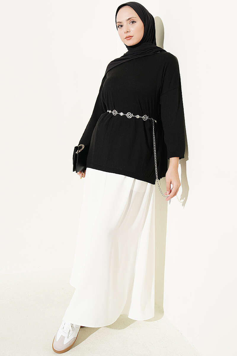 Wide-Neck Knit Tunic - Black