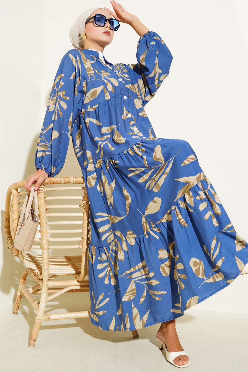 Half-Button Large Leaf Print Dress - Indigo