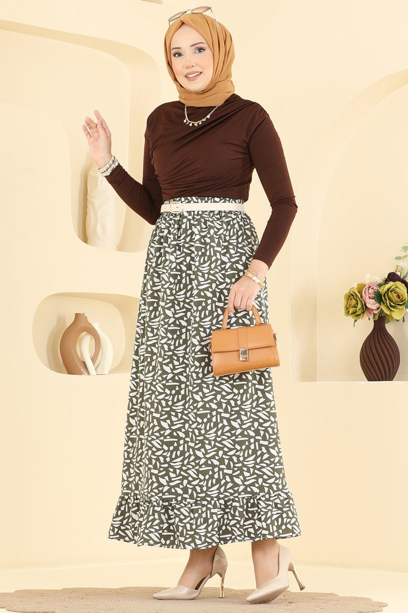 Geometric-Print Skirt - Khaki