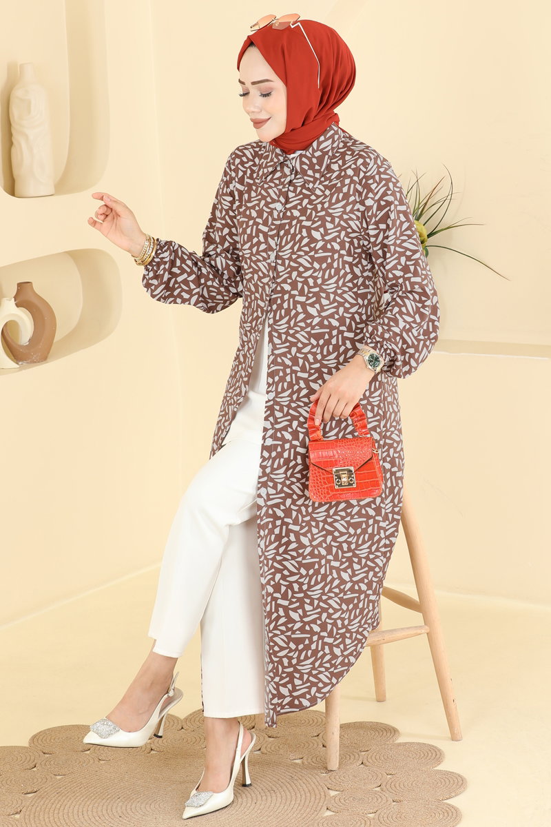 Long Geometric-Print Tunic - Brown