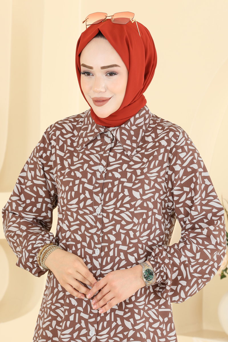 Long Geometric-Print Tunic - Brown