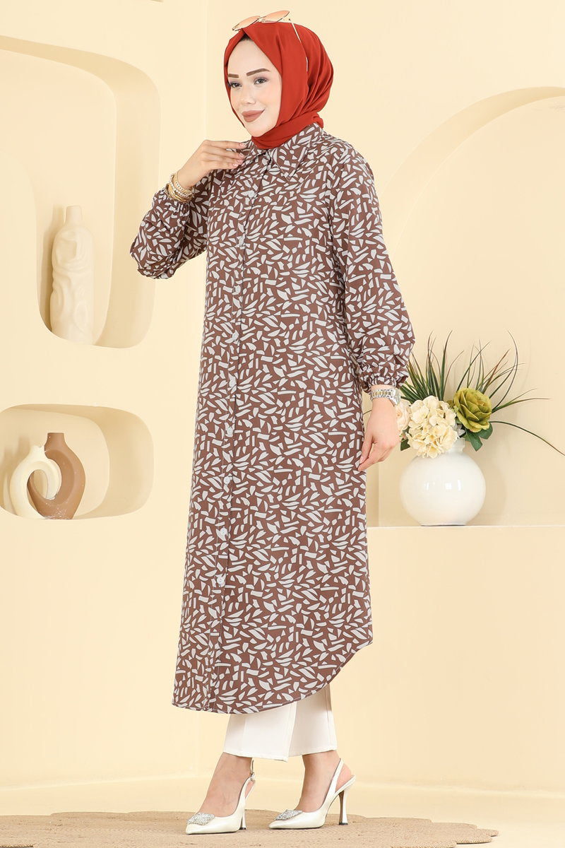 Long Geometric-Print Tunic - Brown