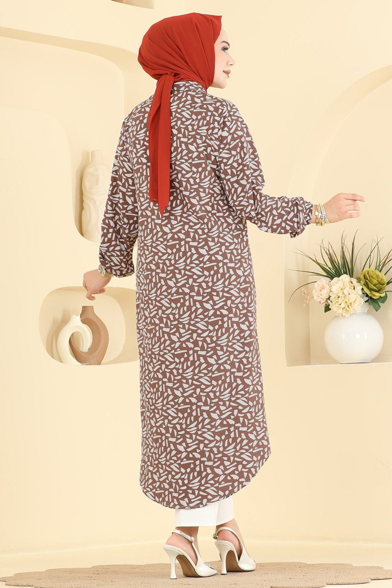 Long Geometric-Print Tunic - Brown