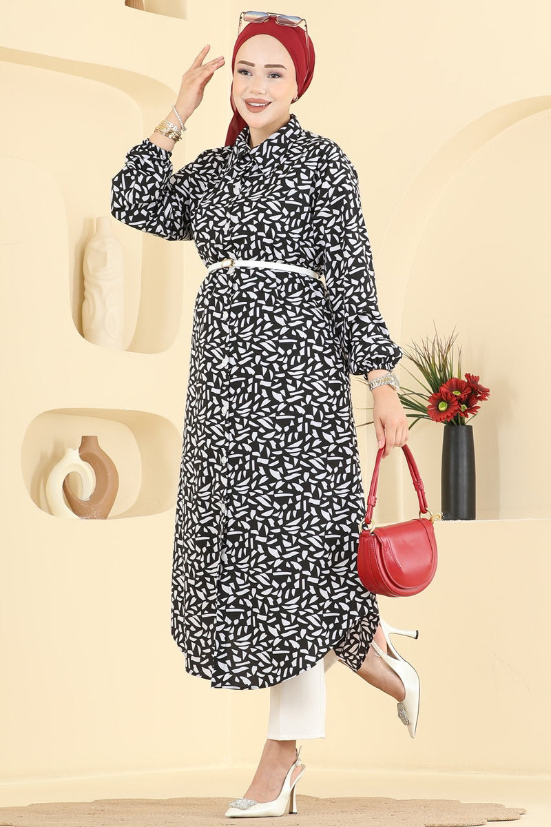 Long Geometric-Print Tunic - Black