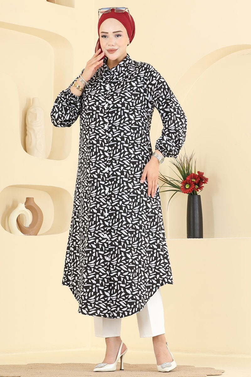 Long Geometric-Print Tunic - Black